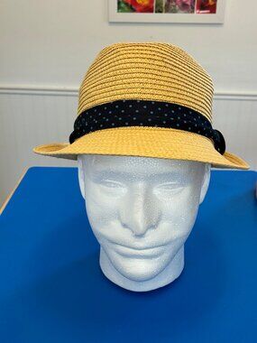 Urban Pipeline Straw Fedora Hat L/XL Tan Black Blue Polka Dot Ribbon Band Cap